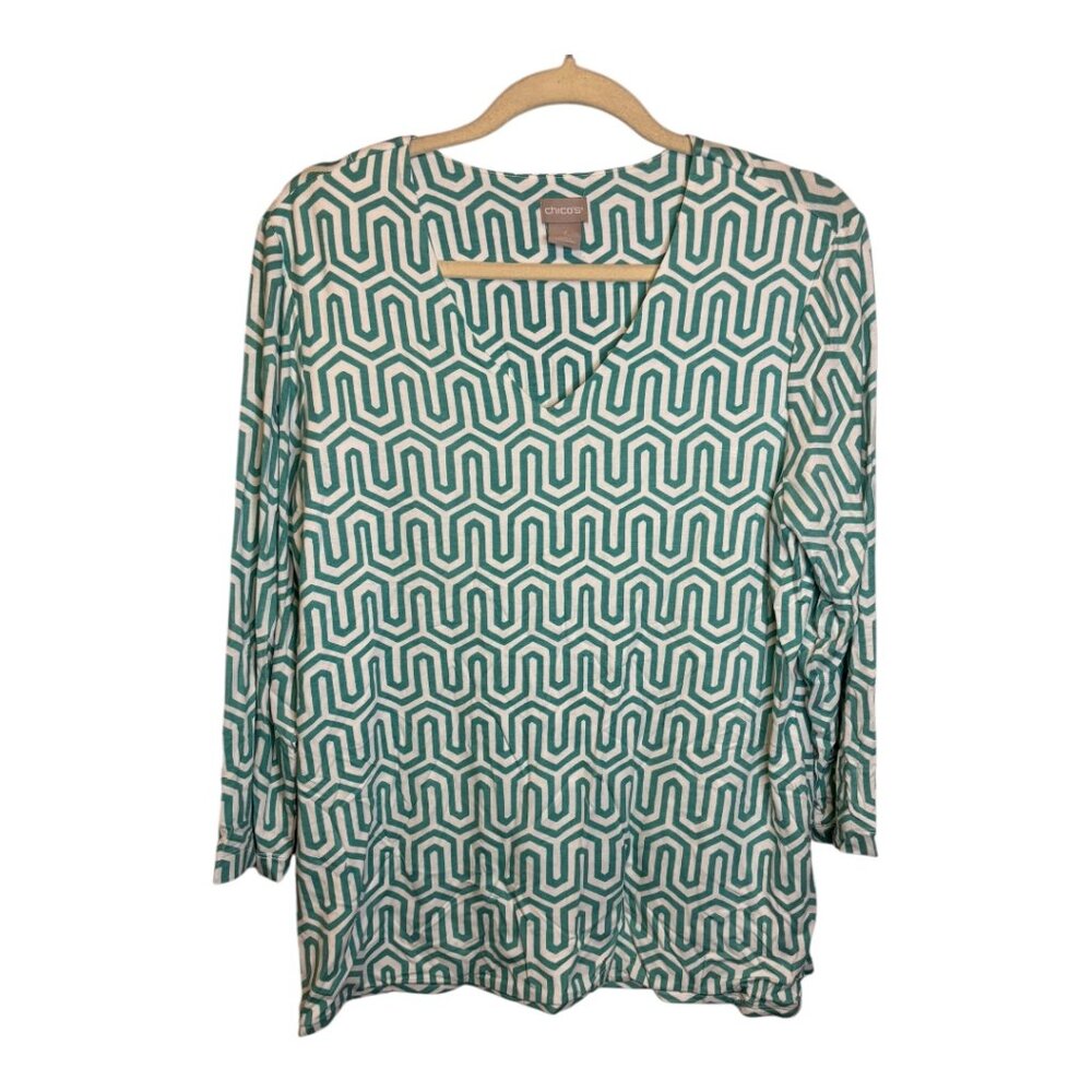 Chico's Blouse Women's Size Large Swirls‎ V-Neck Green White Chicos 2